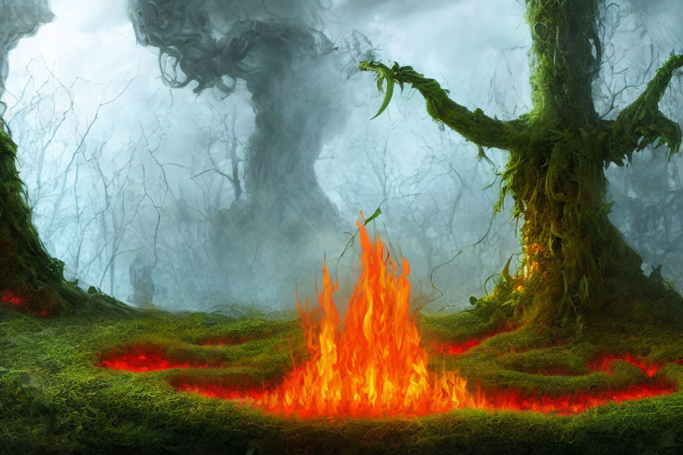 Enchanting forest scene with moss, ancient trees, fire, and fog