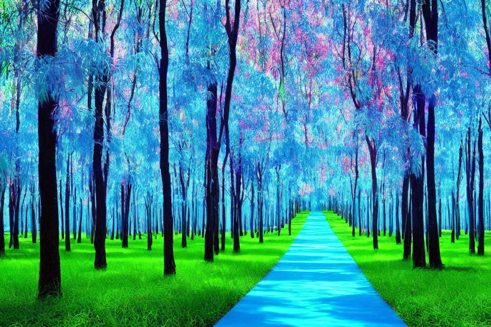 Colorful Forest Pathway with Blue Trees and Pink Foliage