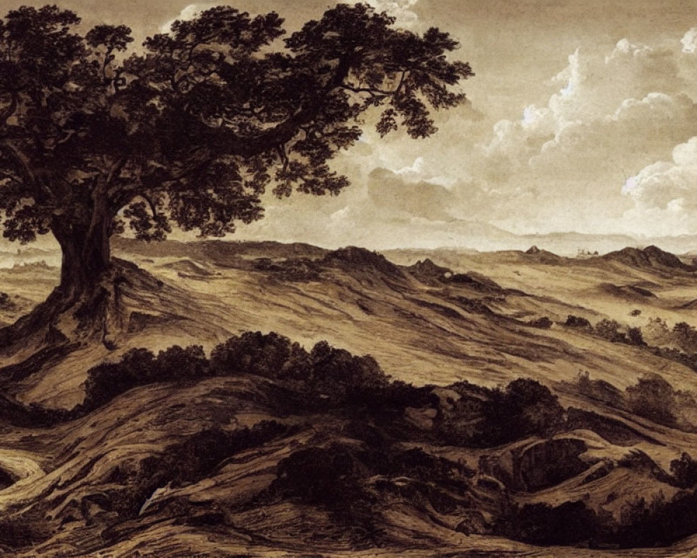 Sepia Landscape Painting: Rolling Hills, Tree, Cloudy Skies