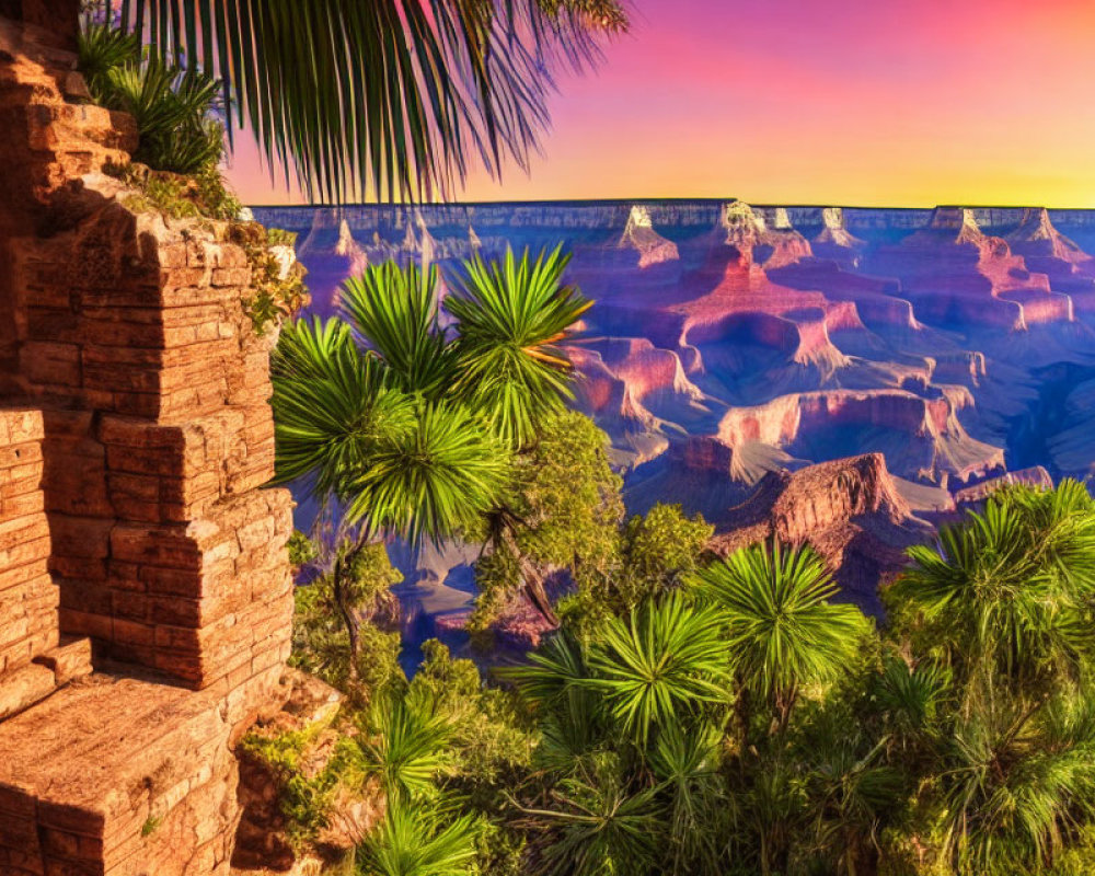 Colorful Grand Canyon sunset with palm trees and stone ruins.