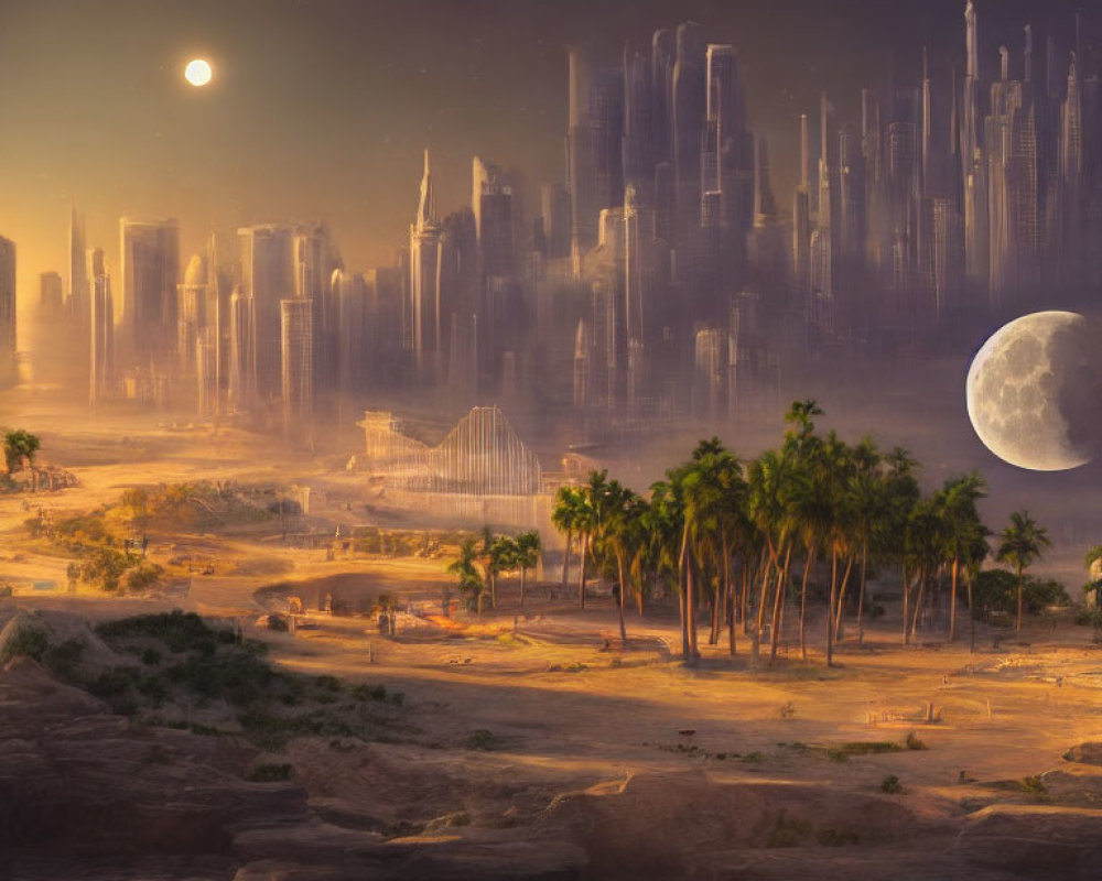 Futuristic cityscape with skyscrapers and desert oasis contrast