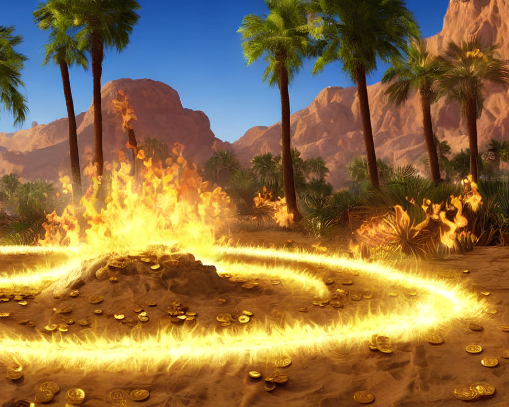 Digital art scene: Magical fire circle around gold coins in desert oasis