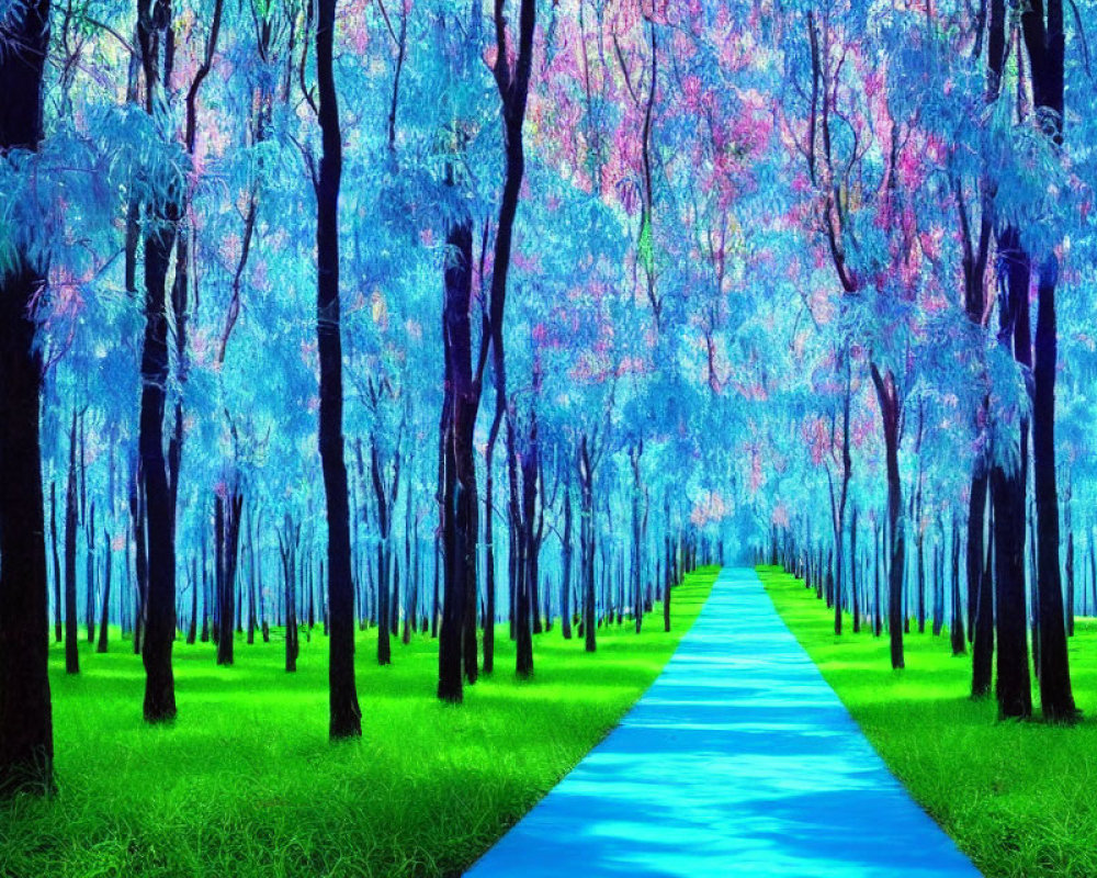 Colorful Forest Pathway with Blue Trees and Pink Foliage