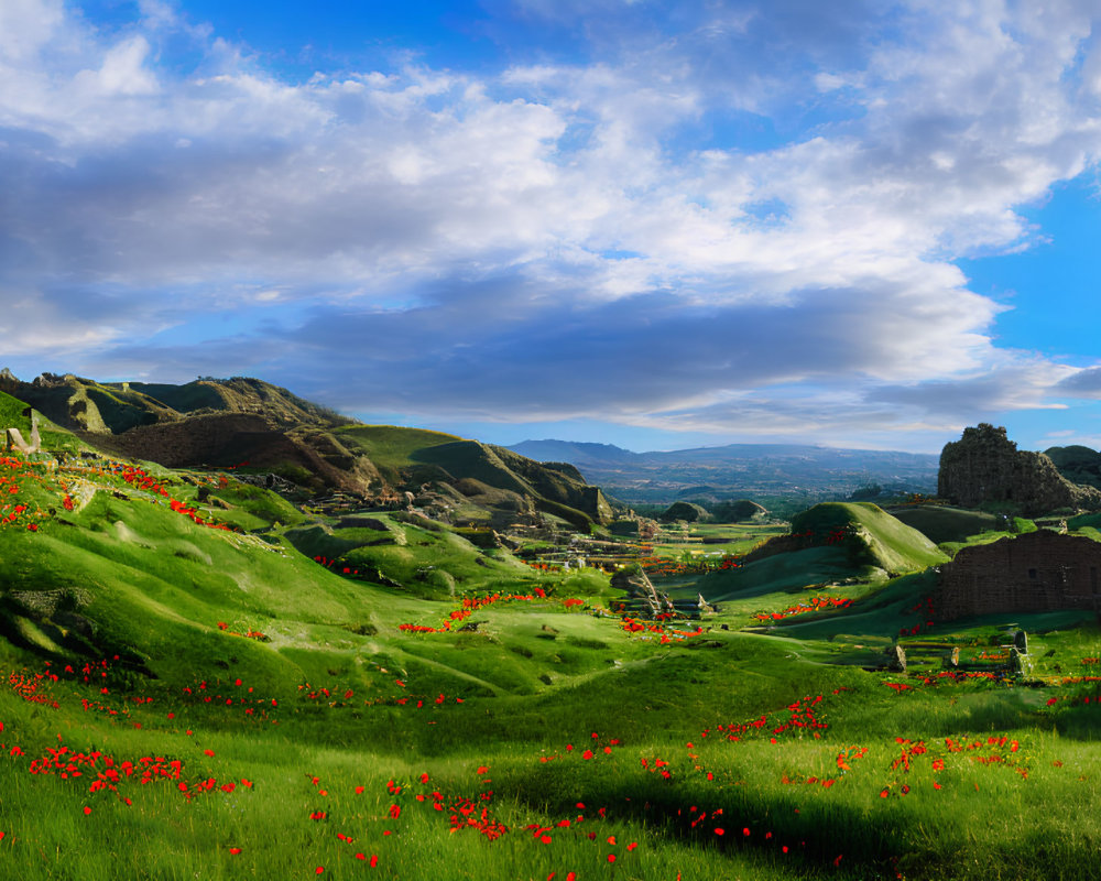 Scenic landscape: green hills, red poppies, ancient ruin, blue sky.