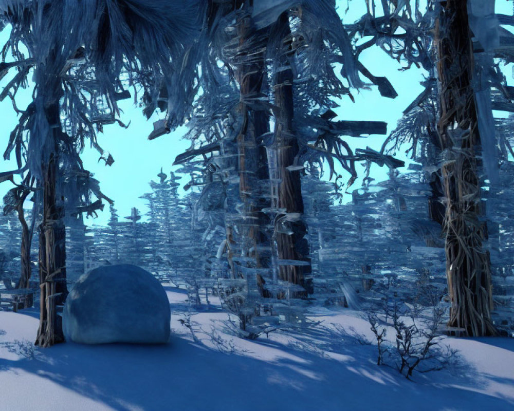 Snowy Landscape with Igloo and Frost-Covered Forest under Blue Sky