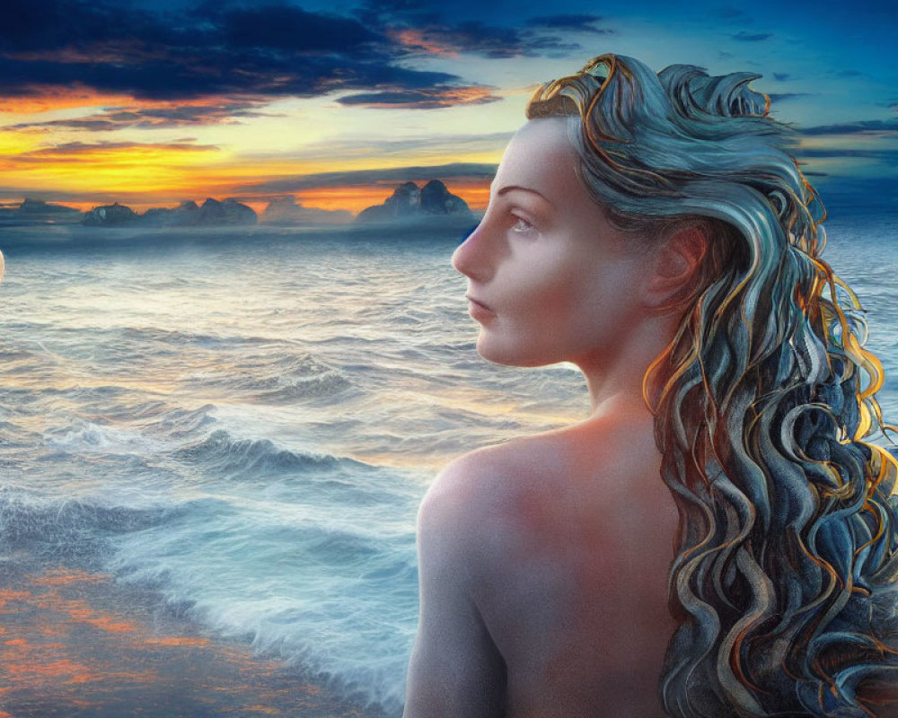 Digital artwork of woman with curly hair admiring seascape at sunset