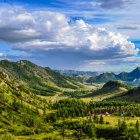 Scenic landscape: green hills, red poppies, ancient ruin, blue sky.