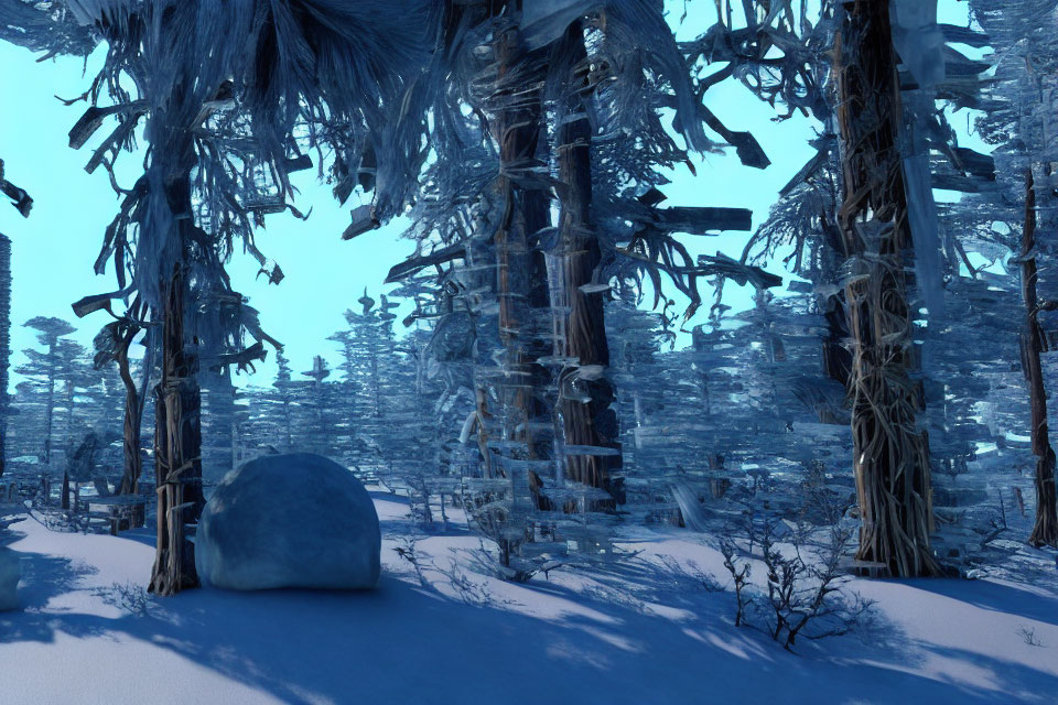 Snowy Landscape with Igloo and Frost-Covered Forest under Blue Sky