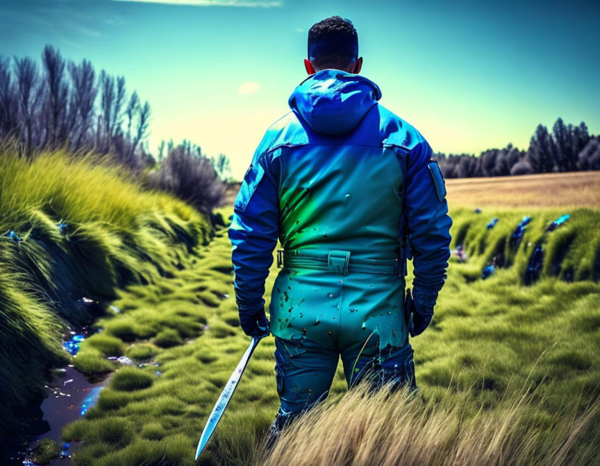 Person in vibrant blue jacket skiing by small stream in lush green landscape