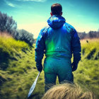 Person in vibrant blue jacket skiing by small stream in lush green landscape