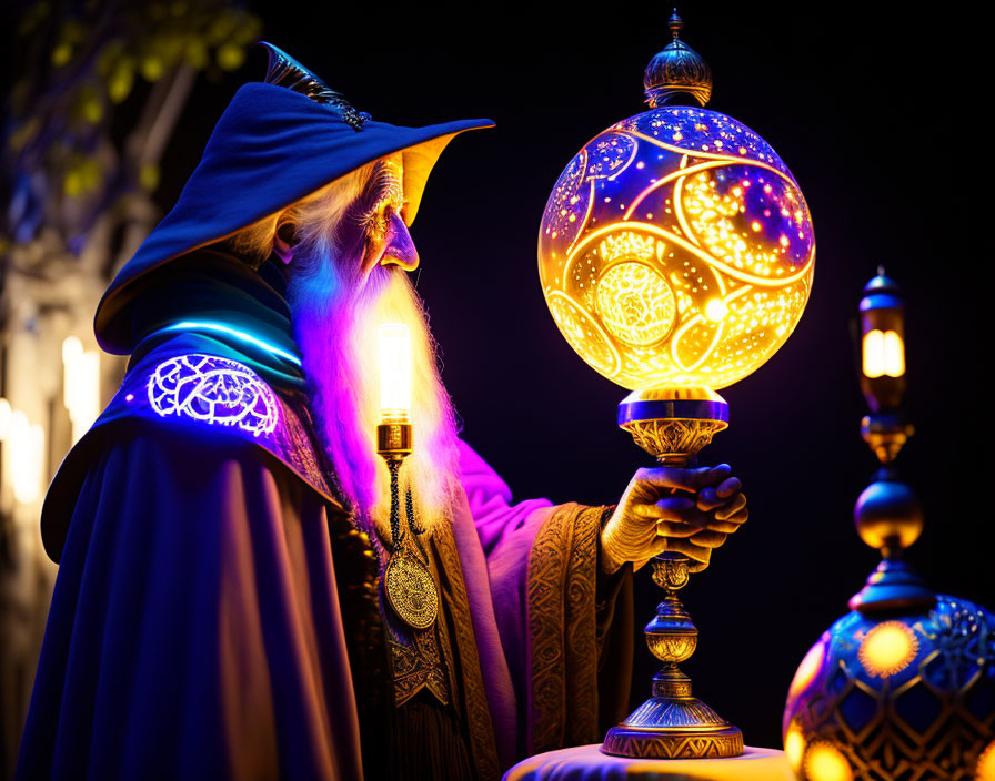 Wizard in pointed hat examines glowing orb at night surrounded by lanterns