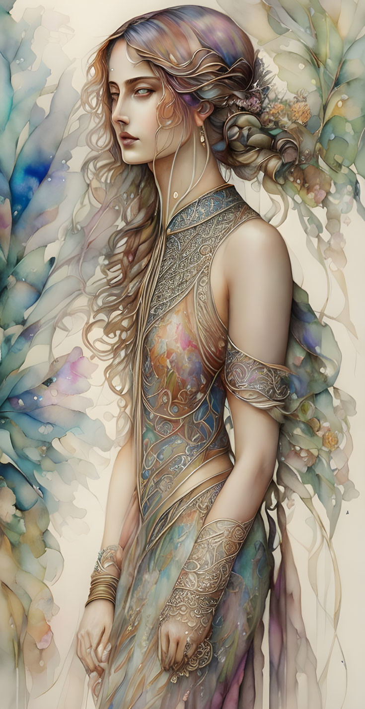 Ethereal woman with flowing hair and ornate tattoos in nature-inspired attire.