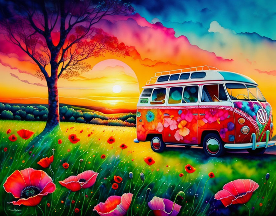 Colorful Painting: Vintage VW Bus in Vibrant Field with Red Poppies