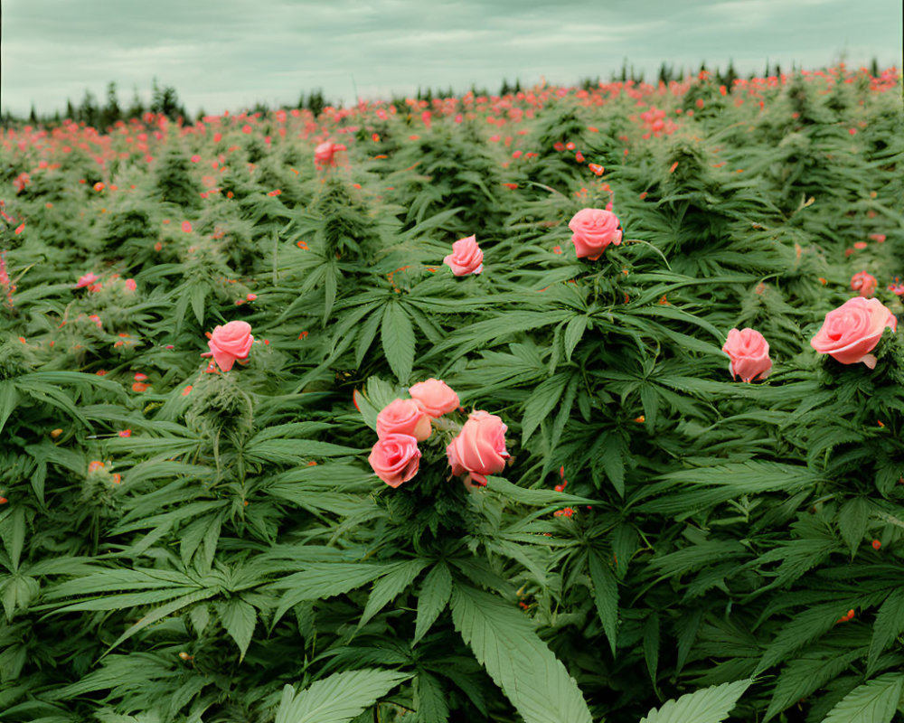 Vibrant pink roses among green cannabis plants under cloudy sky