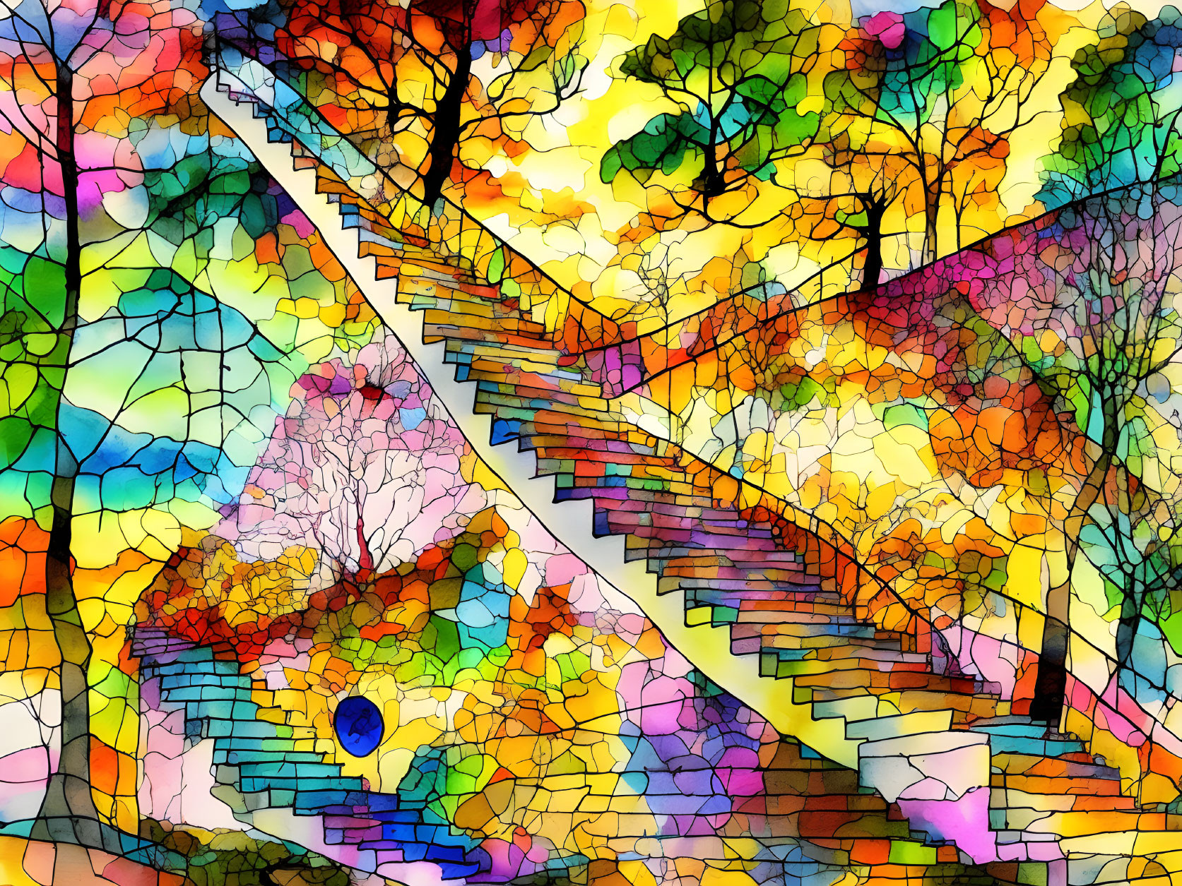 Vibrant Abstract Landscape with Trees and Staircase Artwork