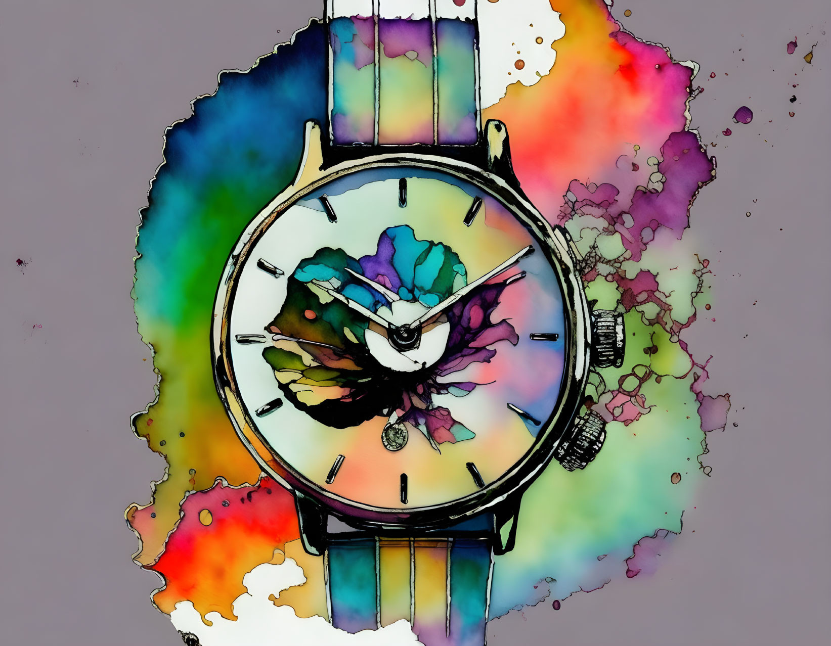 Colorful Abstract Watercolor Background with Floral Wristwatch Design