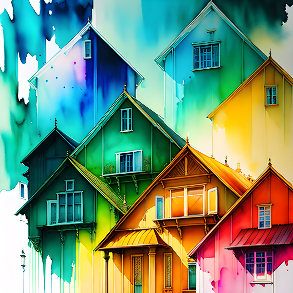 Colorful Watercolor Painting of Vibrant Houses in Rainbow Hues