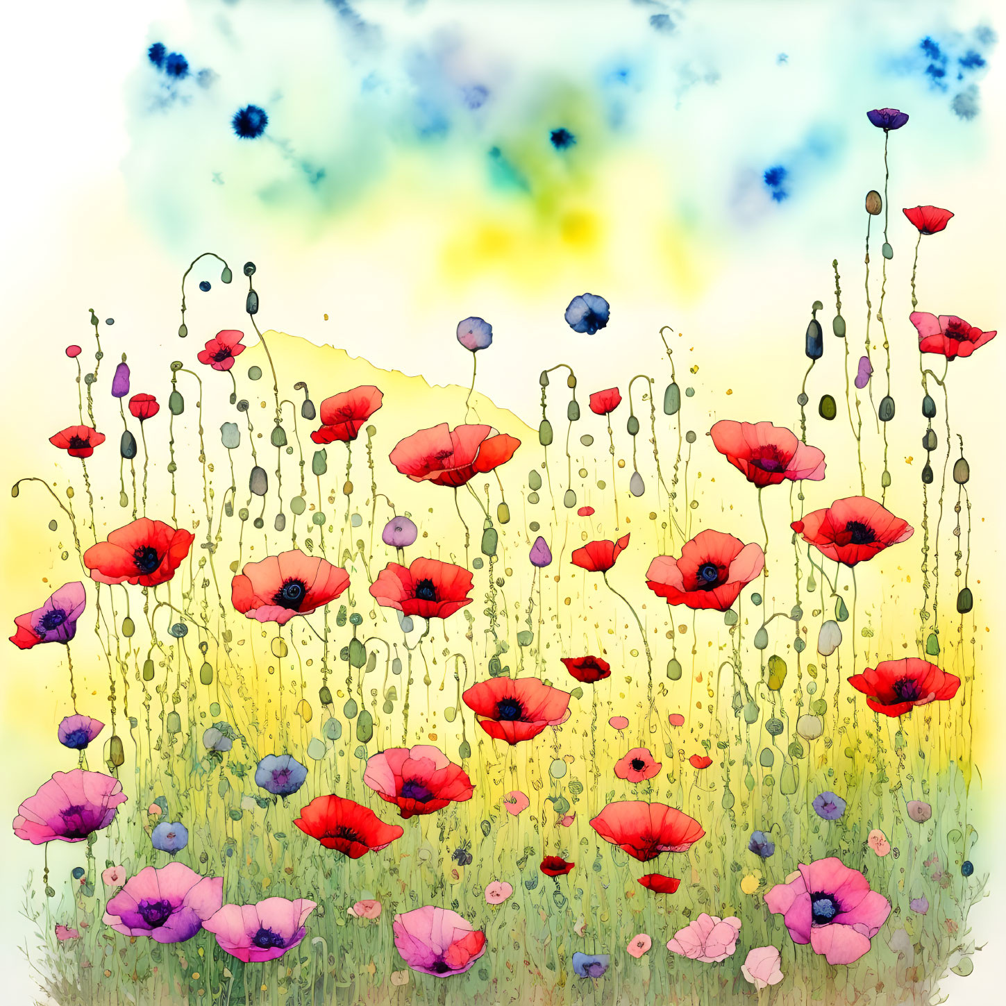 Colorful watercolor poppy field under yellow and blue sky