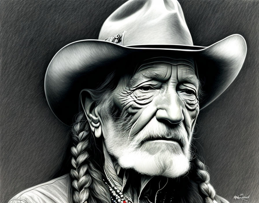 Monochrome illustration of elderly man with braided hair, cowboy hat, bandana, and earring