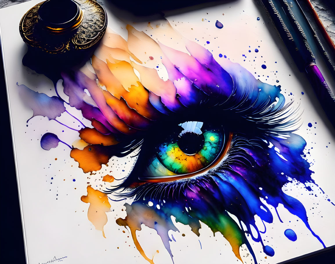 Colorful eye painting with watercolors and paintbrushes.