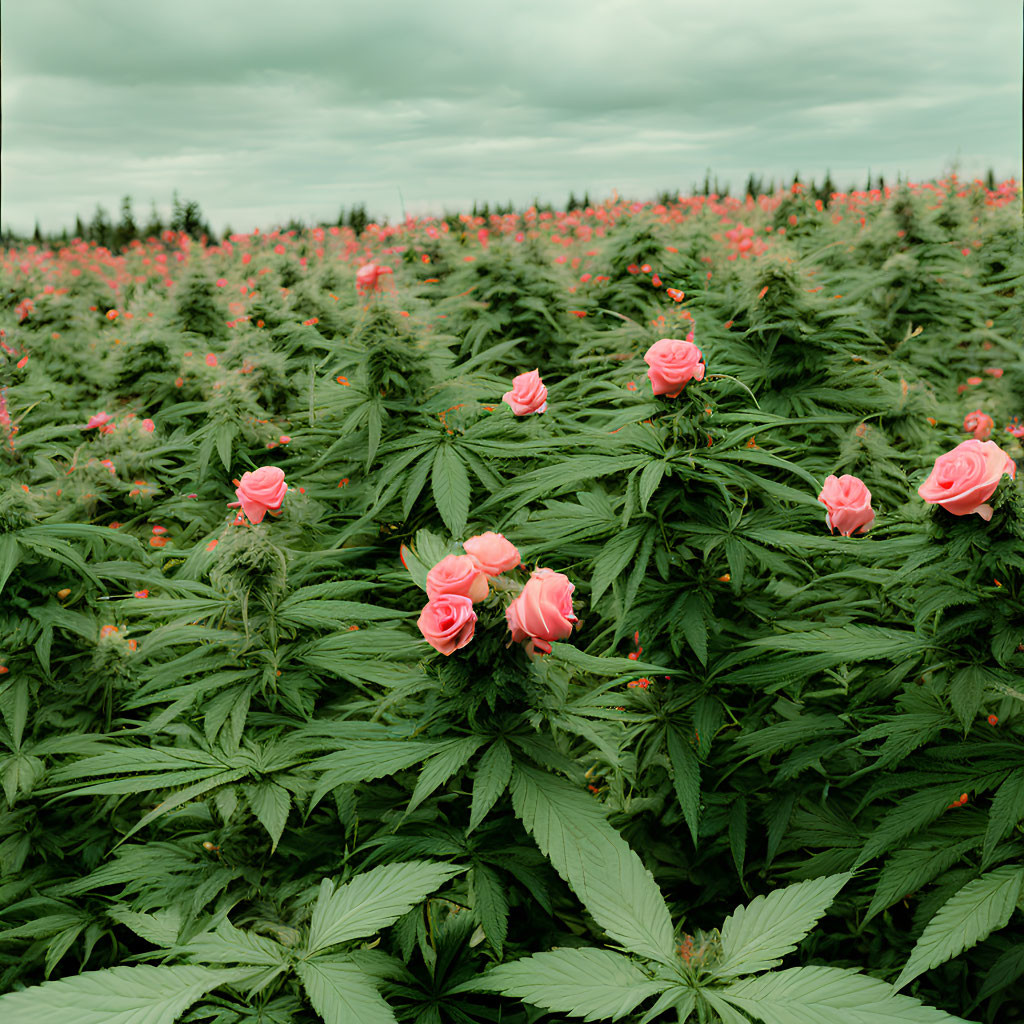 Vibrant pink roses among green cannabis plants under cloudy sky