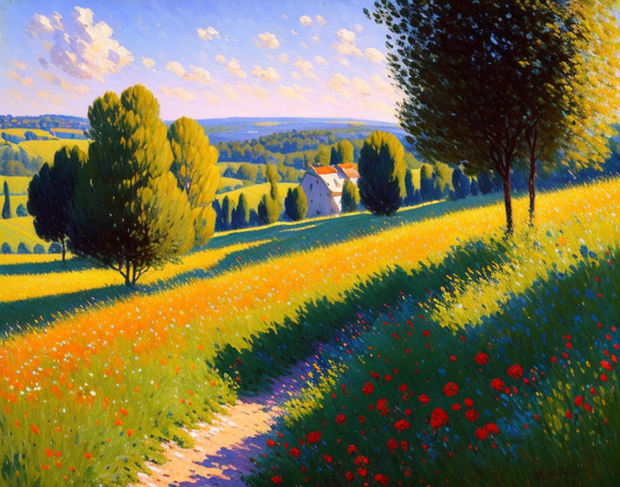 Colorful Landscape Painting with Orange Flowers, Dirt Path, Trees, and White House