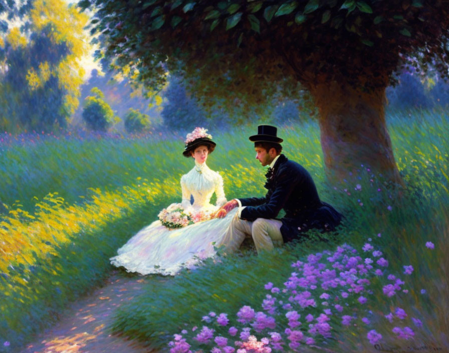 Victorian-era couple in meadow with vibrant flowers