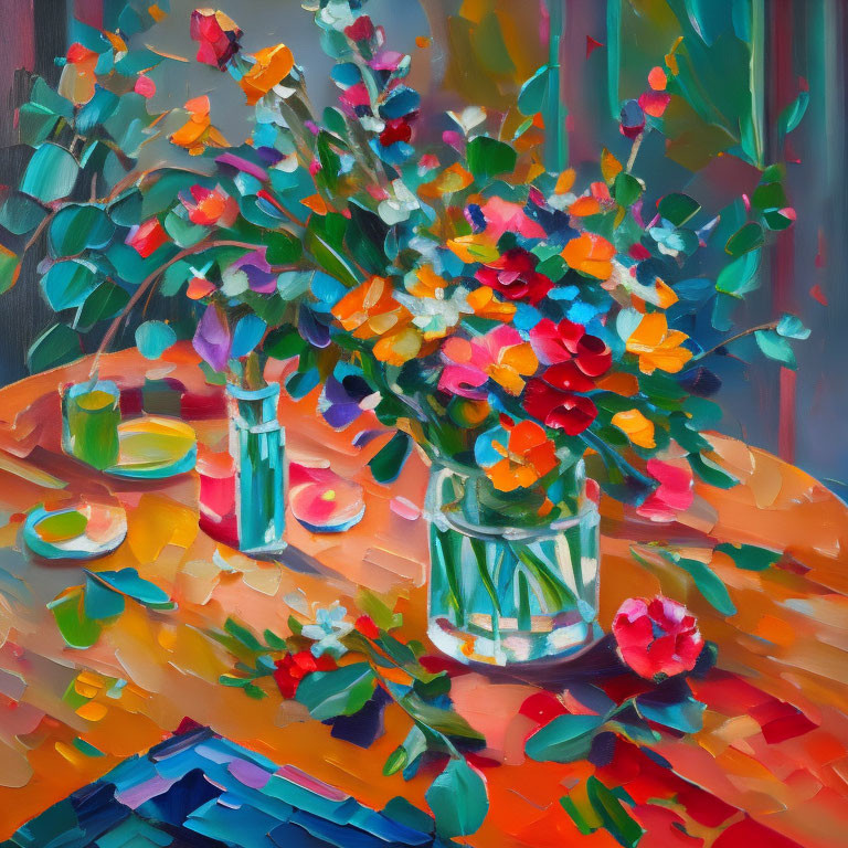 Colorful Bouquet Oil Painting with Fruit Slices and Petals