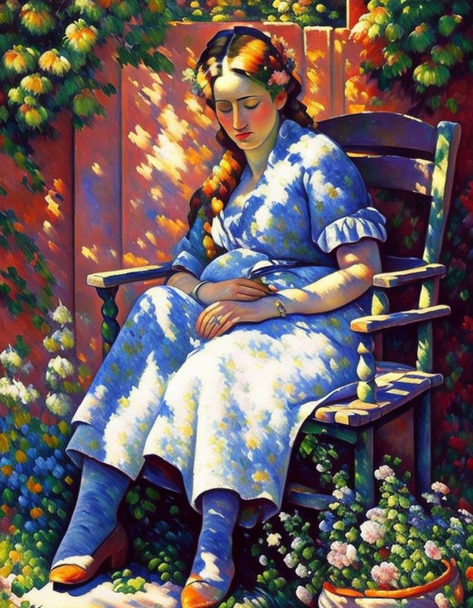 Portrait of Woman with Braided Hair and Floral Crown in Blue Dress Surrounded by Greenery