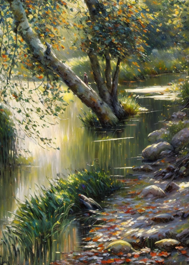 Tranquil painting of sunlit stream with fall foliage