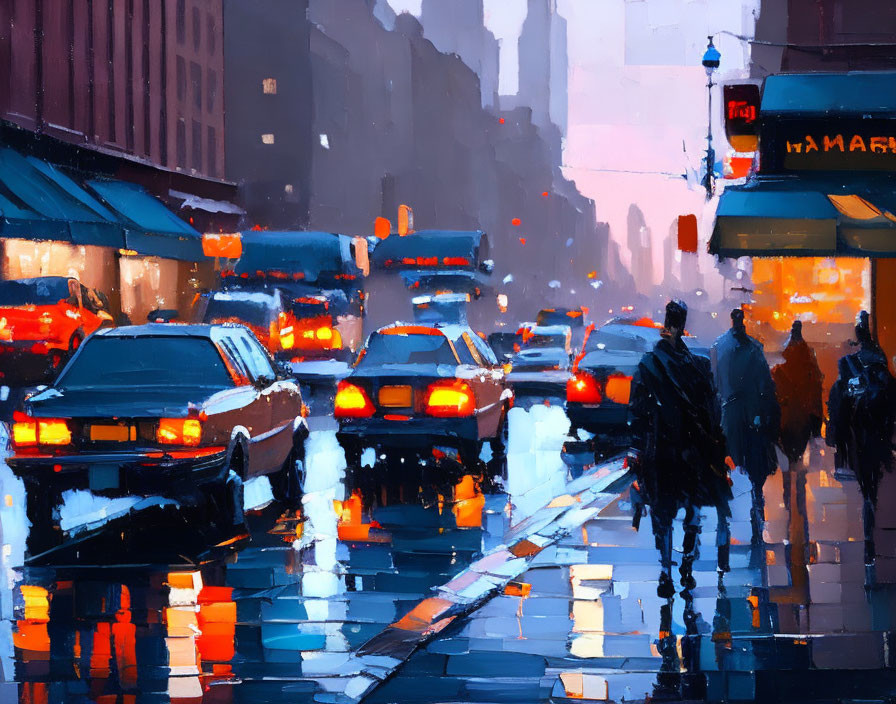 City street at dusk: pedestrians, cars, wet pavement, vibrant scene