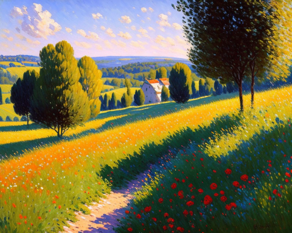 Colorful Landscape Painting with Orange Flowers, Dirt Path, Trees, and White House