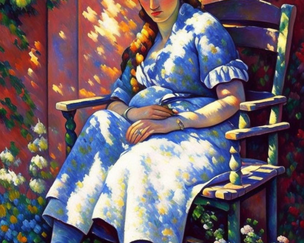 Portrait of Woman with Braided Hair and Floral Crown in Blue Dress Surrounded by Greenery