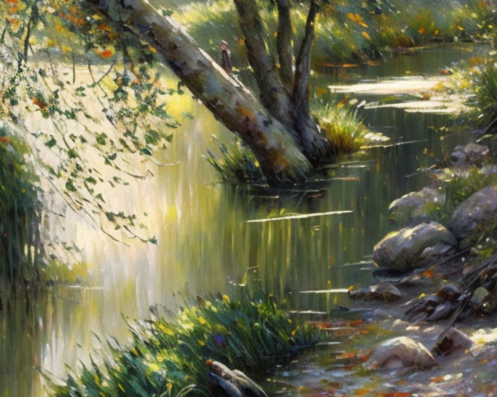 Tranquil painting of sunlit stream with fall foliage