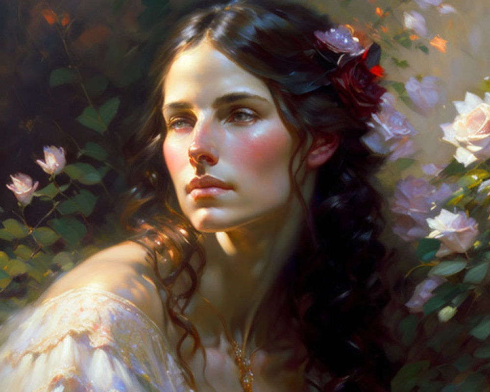 Portrait of Woman with Dark Hair and Flower in Soft Light and Roses