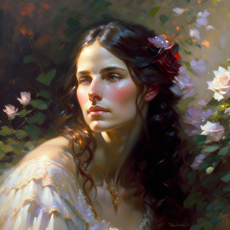 Portrait of Woman with Dark Hair and Flower in Soft Light and Roses