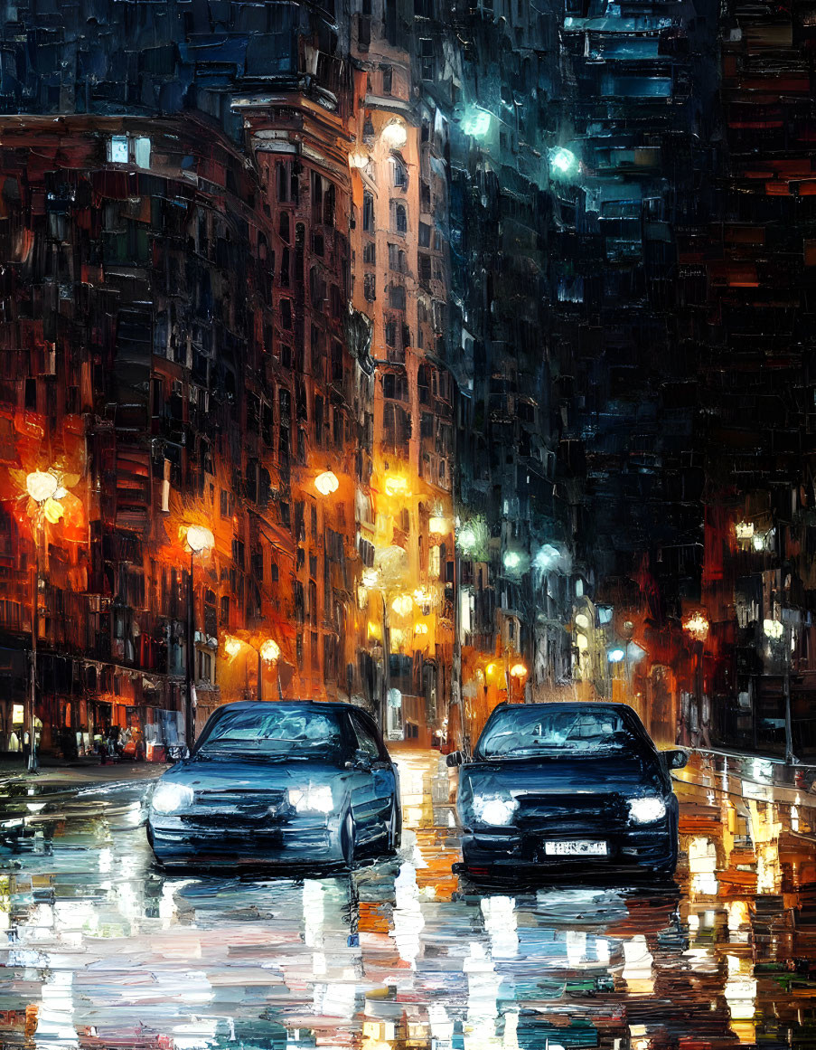 City street at night with rain reflections, streetlights, car headlights