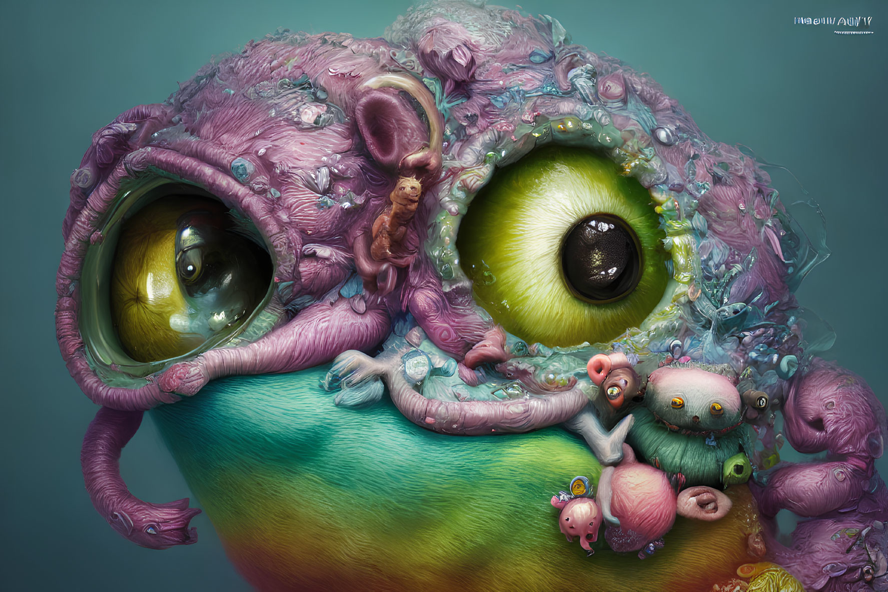 Colorful surrealistic digital artwork featuring whimsical beings on textured skin