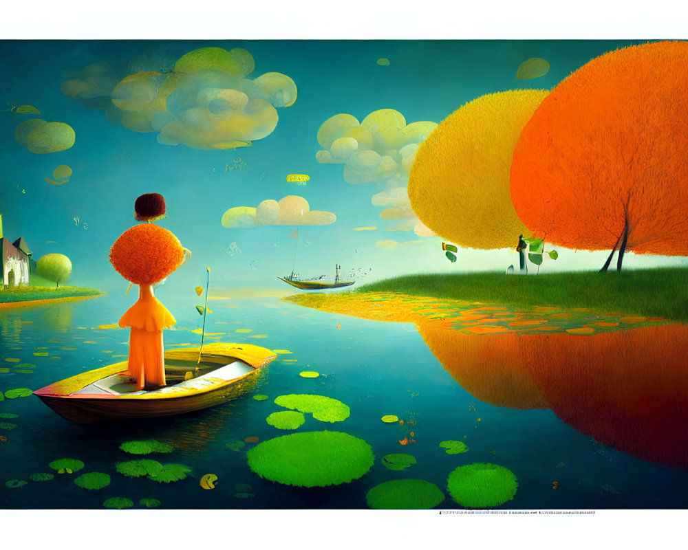 Vibrant surreal landscape with child on boat & stylized elements