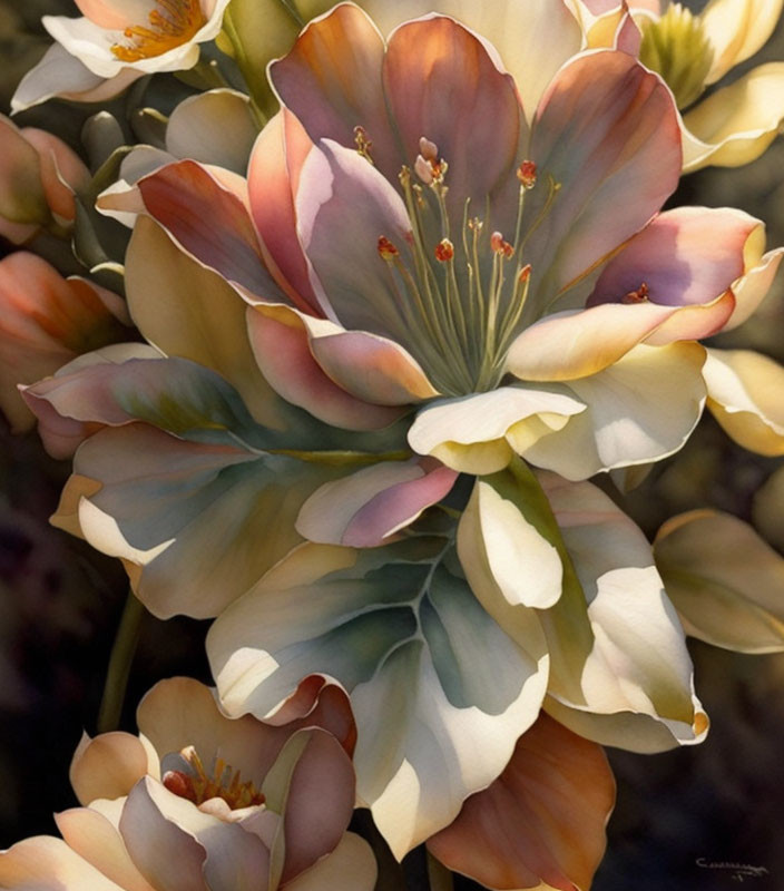 Cluster of Pink and White Blossoming Flowers on Dark Background