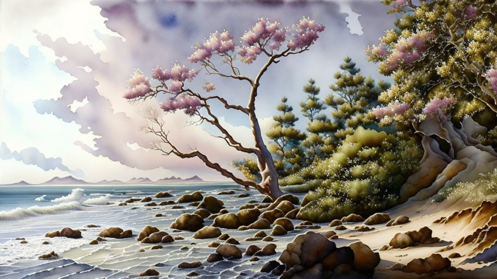 Serene Coastal Scene with Pastel Sky and Blossoms