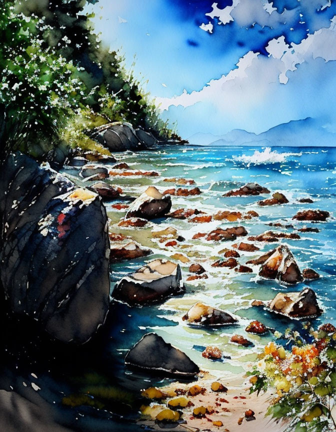 Tranquil Rocky Beach Scene Under Blue Sky