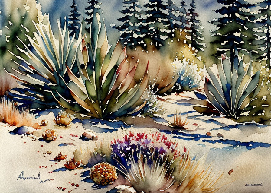 Serene desert landscape with succulents, cacti, and wildflowers against snowy pine trees