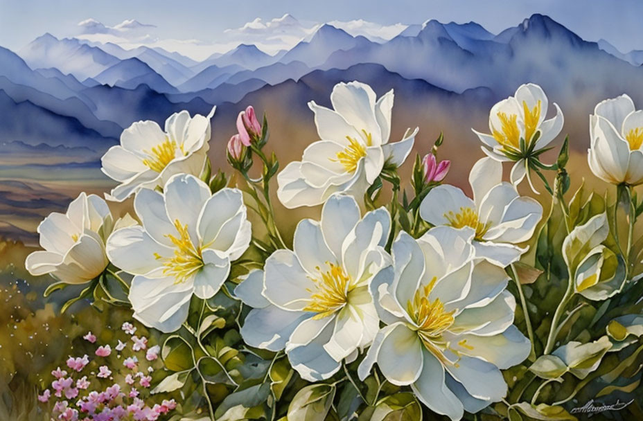 Spring Landscape with White Flowers and Mountains