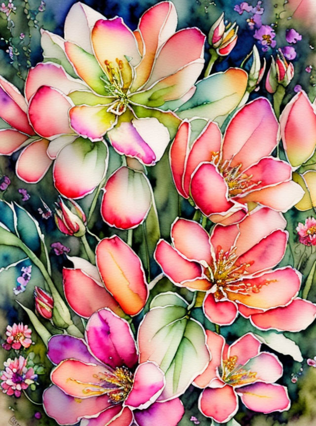 Colorful Watercolor Painting of Blooming Flowers in Pink, Yellow, and White