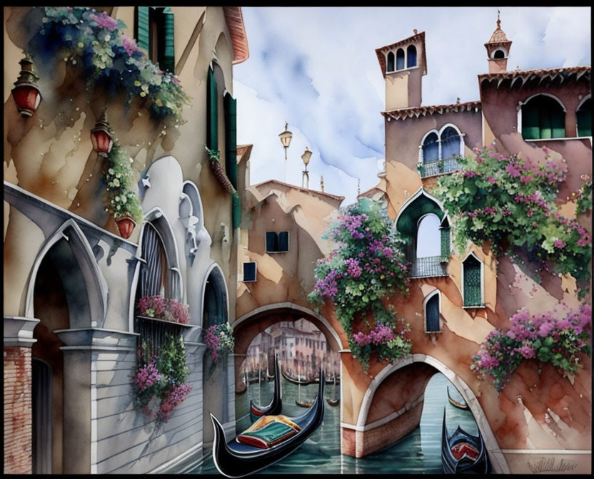 Vibrant watercolor of Venetian canal with gondolas, flowers, and historic architecture