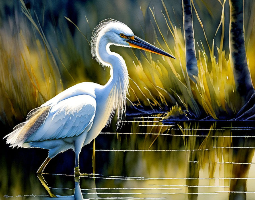 Great Egret Standing Among Reeds by Water's Edge