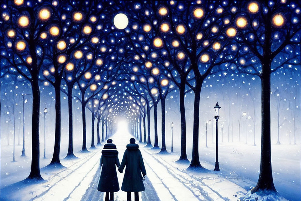 Couple walking under illuminated trees on snowy night path