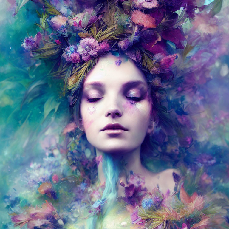 Portrait of Person with Floral Wreath in Dreamy Blue and Purple Haze