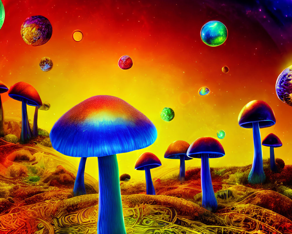 Colorful Psychedelic Mushroom Illustration with Cosmic Sky